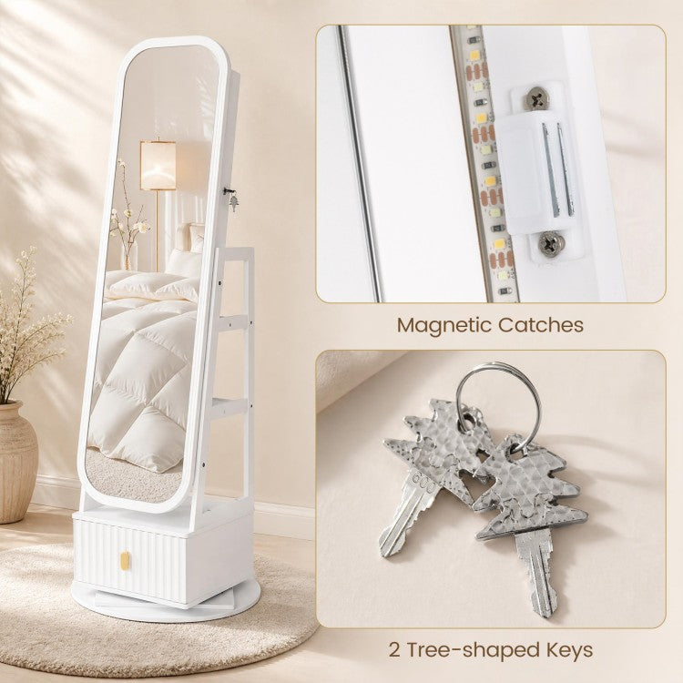 360° Swivel Jewelry Cabinet with Full-Length Mirror, LED Makeup Mirror & Storage – White