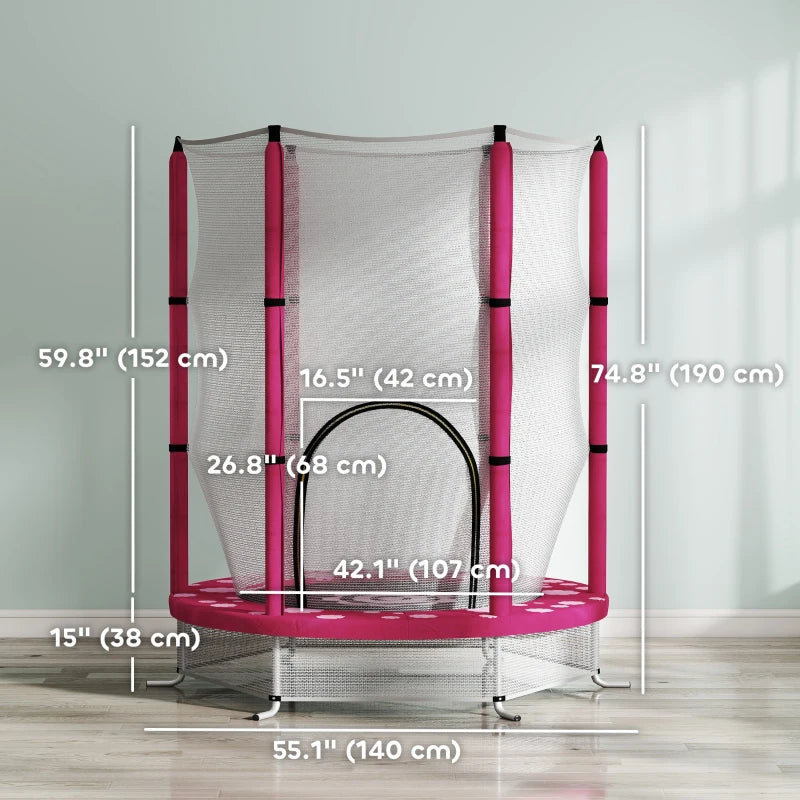 Qaba 55" Toddler Trampoline with Safety Enclosure Net, for Indoor Outdoor Use, Ages 3-6 Years, Pink