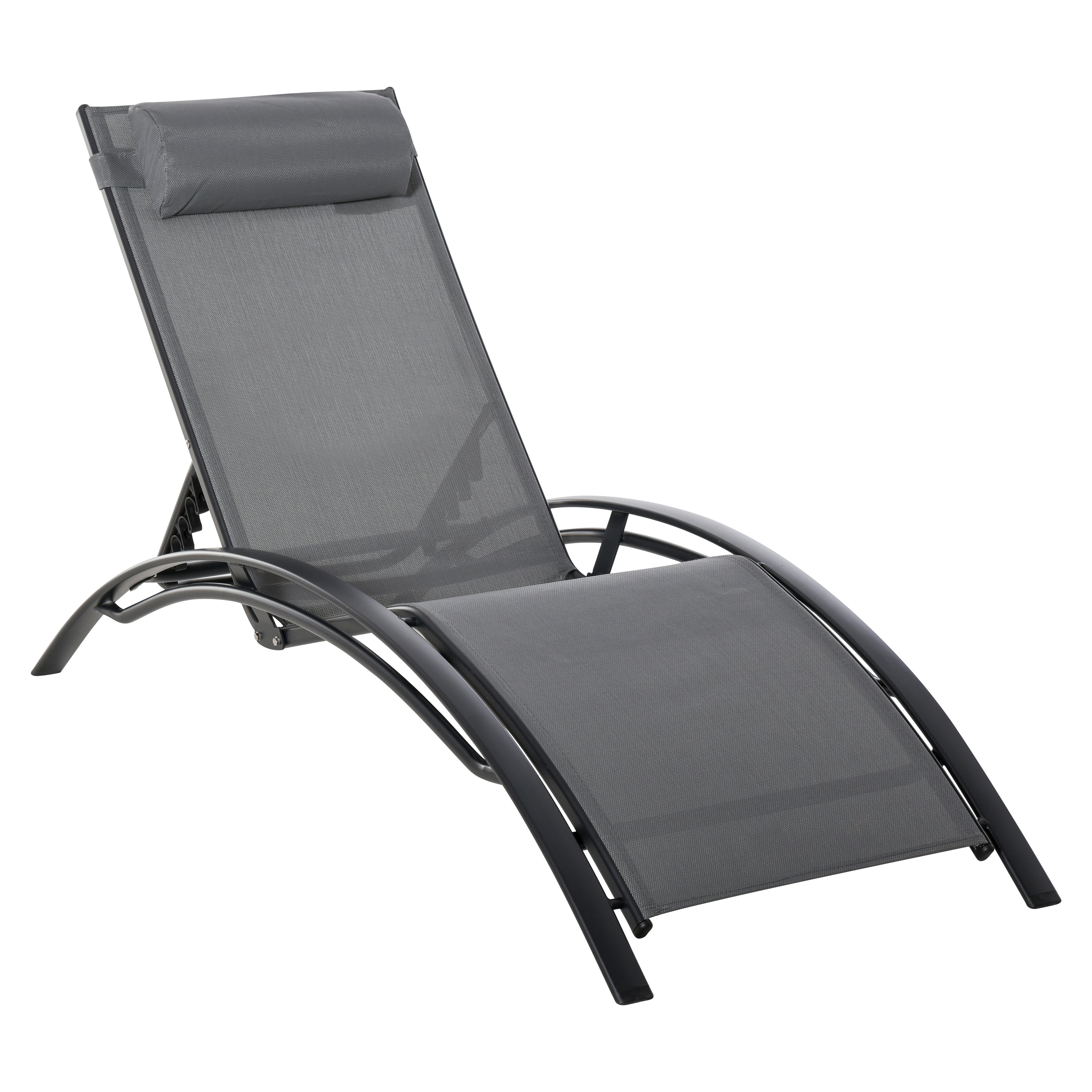 Outsunny Patio Reclining Outdoor Lounge Chair, Outdoor Aluminum Tanning Chair with 5-Level Adjustable Backrest & Head Pillow, Grey