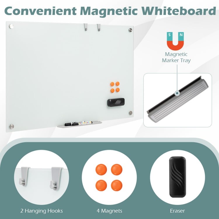 36 x 24 Inches Glass Whiteboard with Eraser and Removable Tray