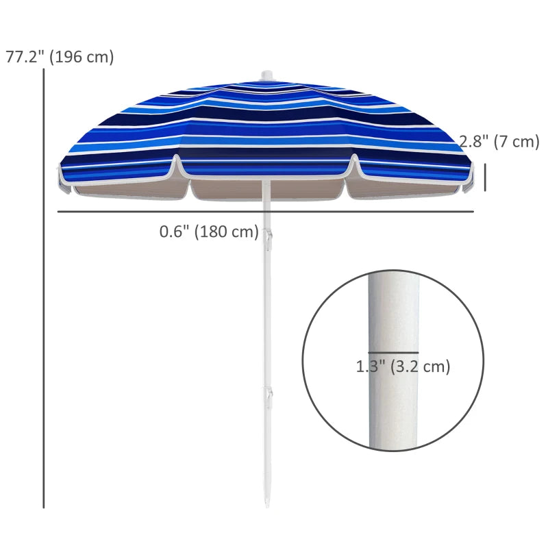 70.9" Dia. Portable Beach Umbrella, UV 50+ Ruffled Outdoor Umbrella with Adjustable Tilt Multicolor