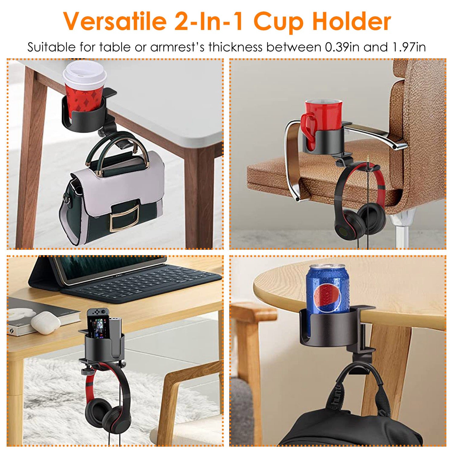 Desk Cup Holder 2-In-1 Anti-spill Cup Holder with 360° Rotating Headphone Hanger Desk Space Saver for Office Home