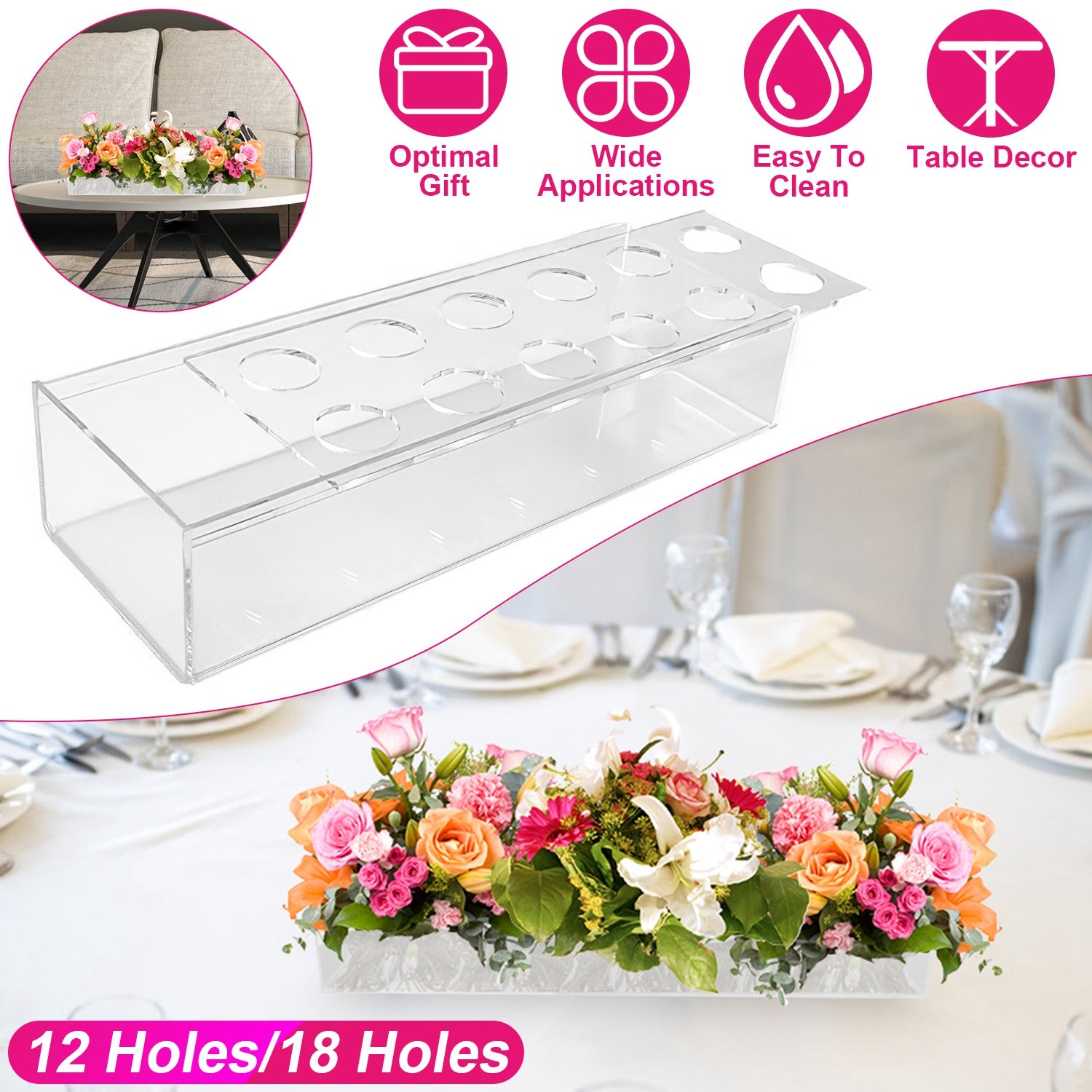 Clear Acrylic Flower Vase Rectangular Floral Centerpiece for Table Decoration Modern Flower Holder for Mother’s Day Valentine’s Day Wedding Party 12 H