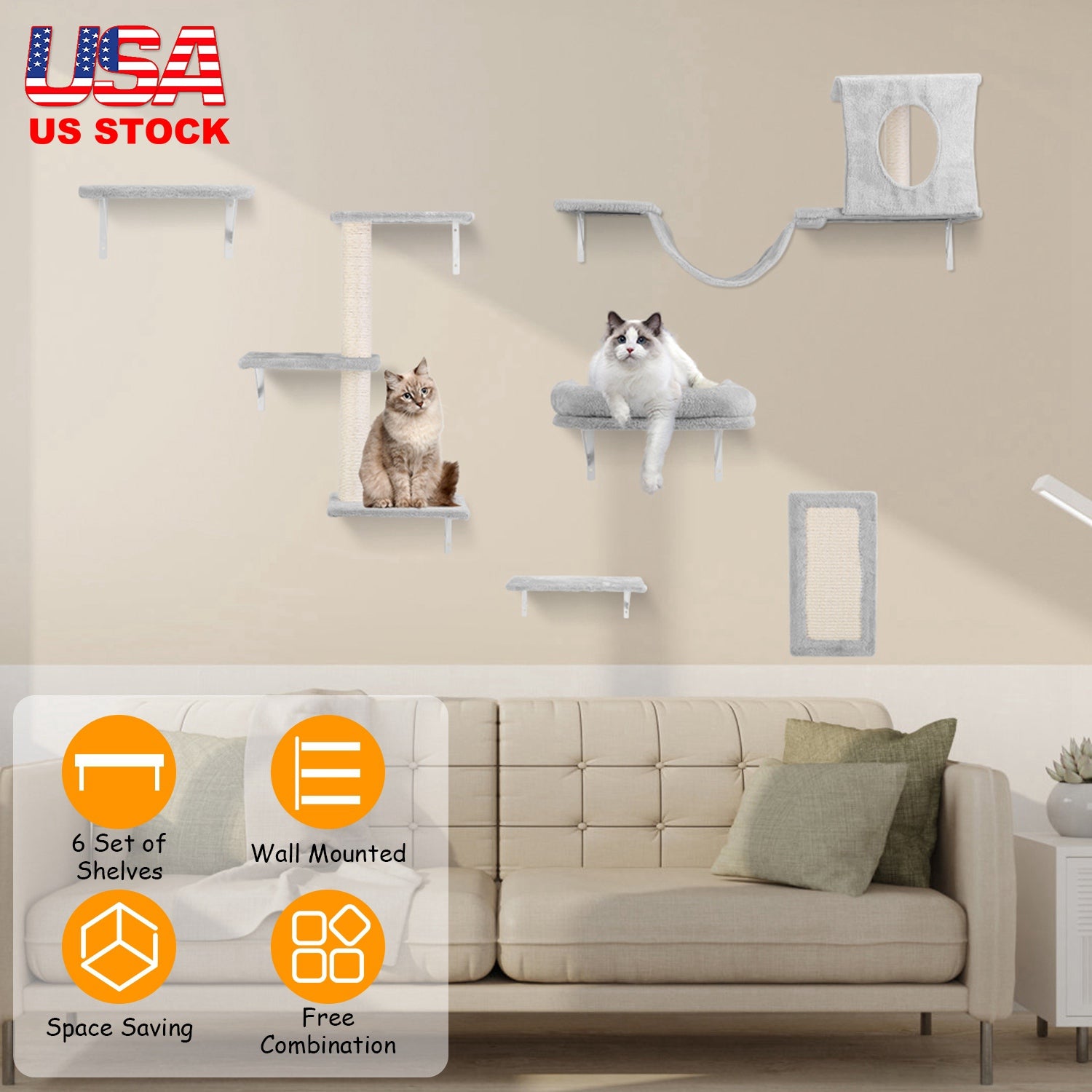 6 Set of Cat Wall Shelves Perch Cat Wall Furniture Wall Mounted Cat Climber with 3 Cat Shelves 2 Cat Houses 1 Cat Scratching Post Wooden Plush
