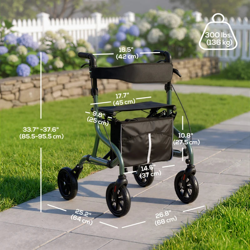 Foldable Rollator Walker with Seat for Seniors, Lightweight Rolling Walker with Adjustable Handles, Green
