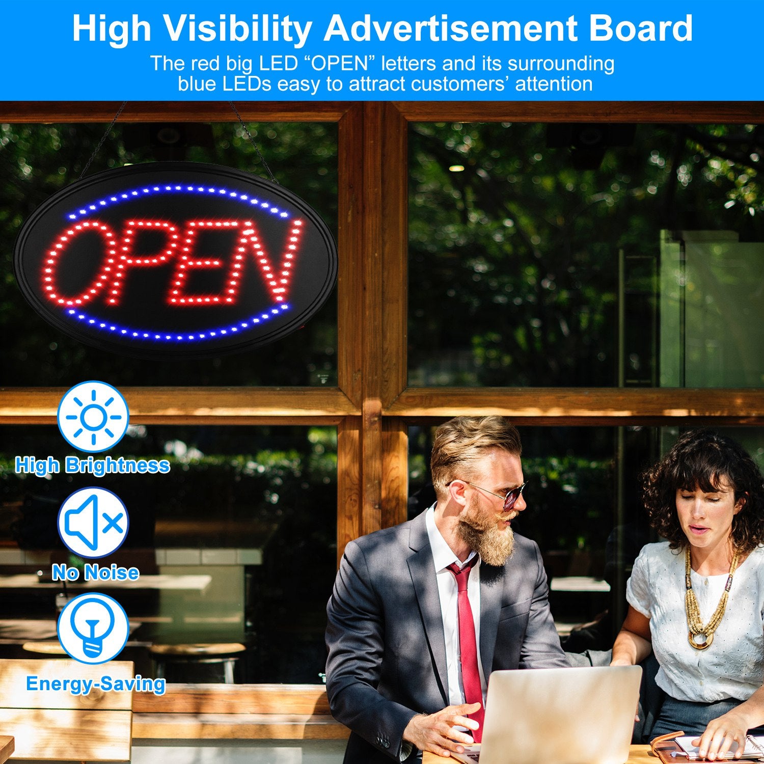 LED Open Sign 22.64x13.78In Business Neon Open Sign Advertisement Board with Steady Flashing Modes Business Hours and Open Closed Sign