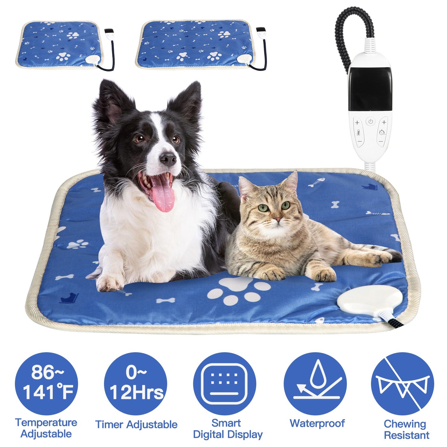 Pet Heating Pad Electric Dog Cat Heating Mat Waterproof Warming Blanket with 86-141? Adjustable Temperature 0-12 Timer Digital Display Chewing-resista