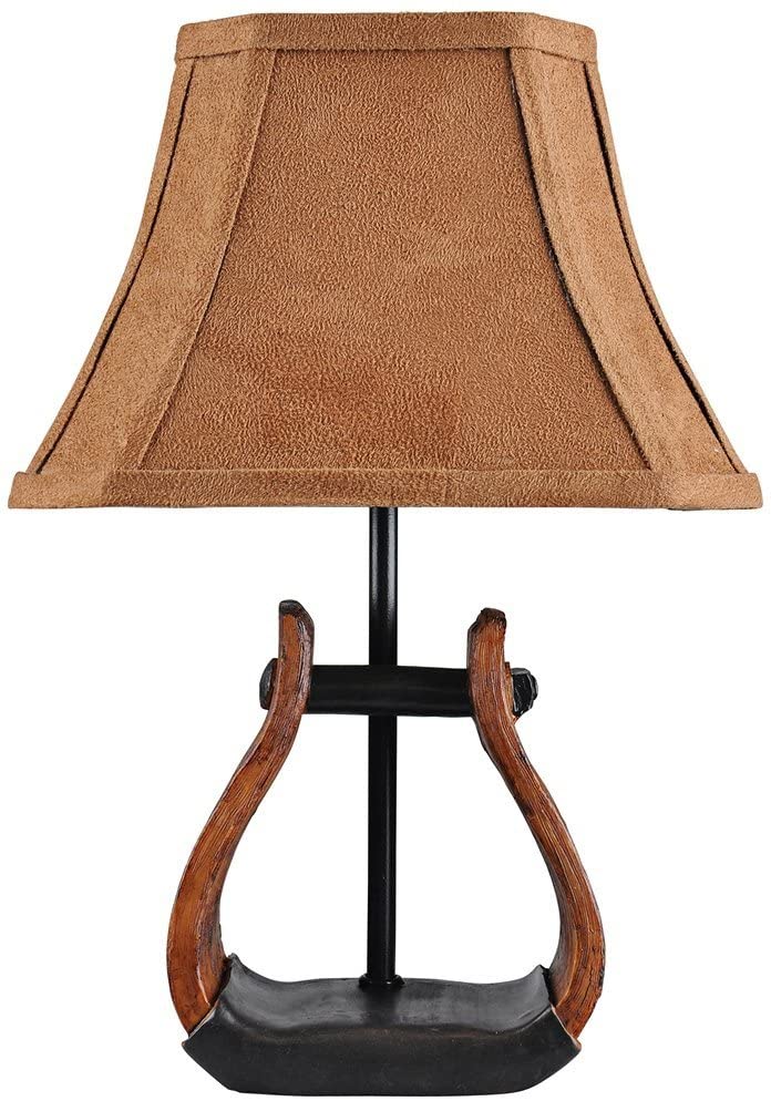 13" Brown and Black Horse Stirrup Accent Lamp With Faux Suede Brown Shade