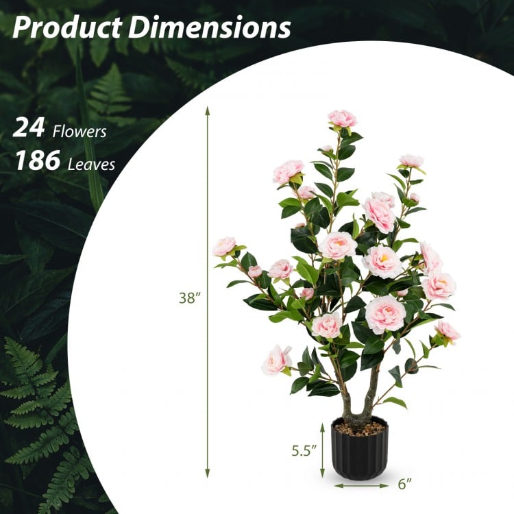 38 Inch Artificial Camellia Tree Faux Flower Plant in Cement Pot 2 Pack-Pink