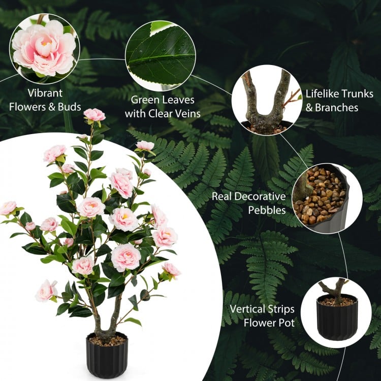 38 Inch Artificial Camellia Tree Faux Flower Plant in Cement Pot 2 Pack-Pink