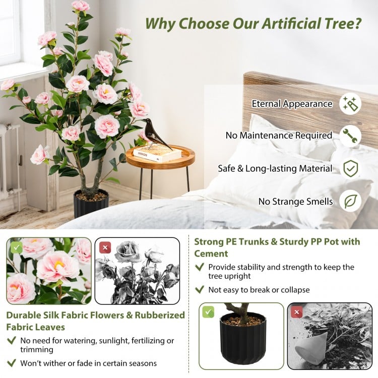 38 Inch Artificial Camellia Tree Faux Flower Plant in Cement Pot 2 Pack-Pink