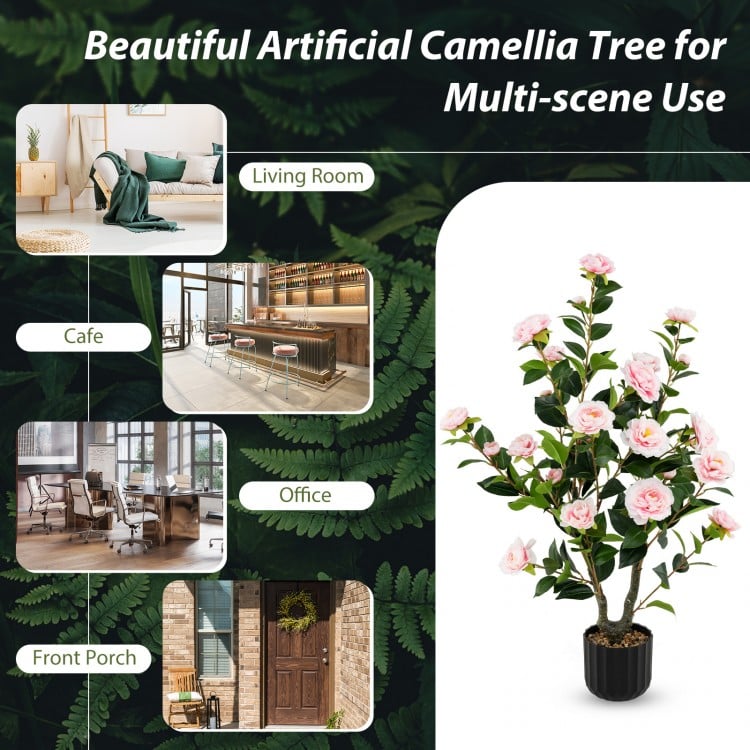 38 Inch Artificial Camellia Tree Faux Flower Plant in Cement Pot-Pink