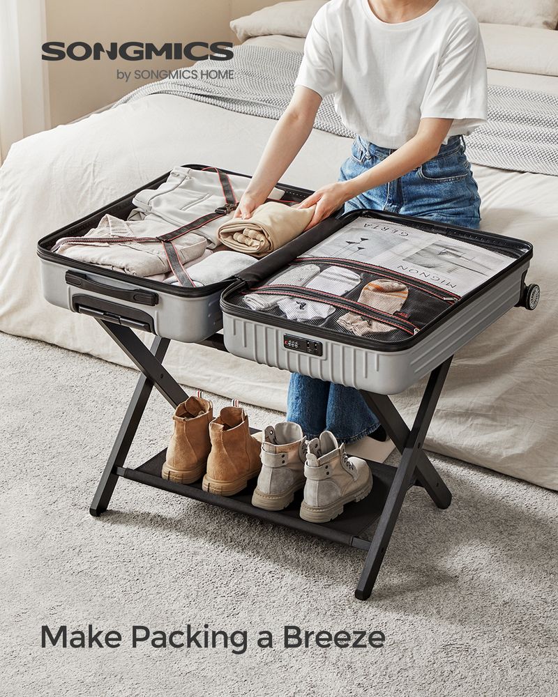 SONGMICS Folding Suitcase Stand with Storage Shelf