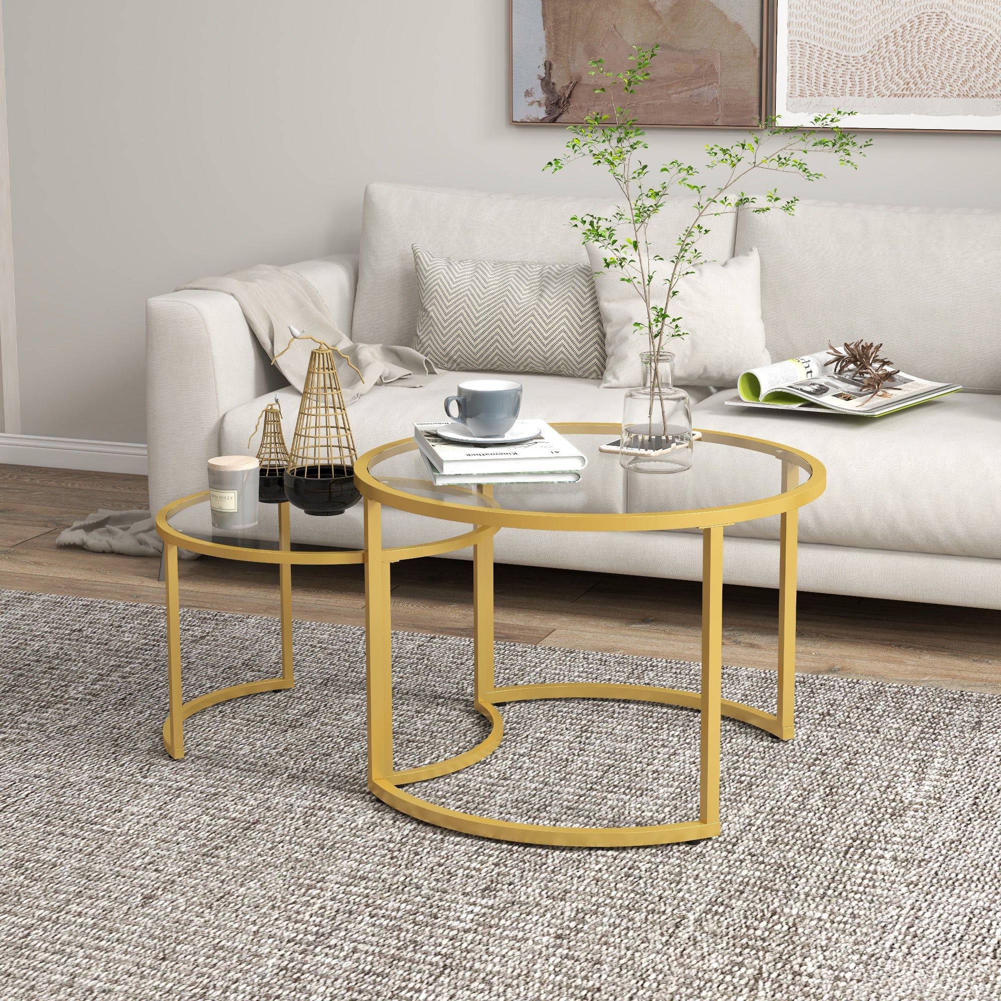 Homcom Gold Round Nesting Tables: Set of 2 with Tempered Glass Top & Steel Frame for Modern Living Room