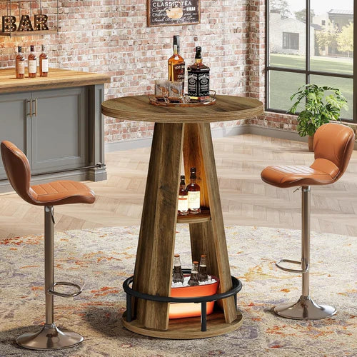 Bar Table 39.4" 3-Tier High Top Bistro Cocktail Pub Table with Metal Footrest and Storage Shelves Rustic Brown