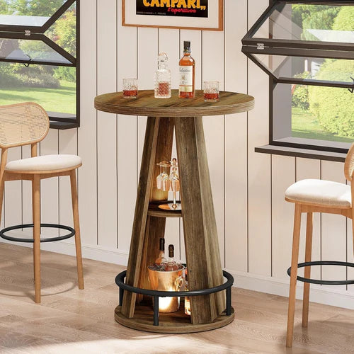 Bar Table 39.4" 3-Tier High Top Bistro Cocktail Pub Table with Metal Footrest and Storage Shelves Rustic Brown
