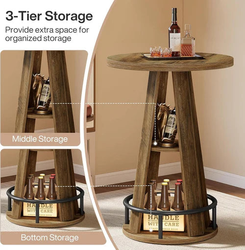 Bar Table 39.4" 3-Tier High Top Bistro Cocktail Pub Table with Metal Footrest and Storage Shelves Rustic Brown
