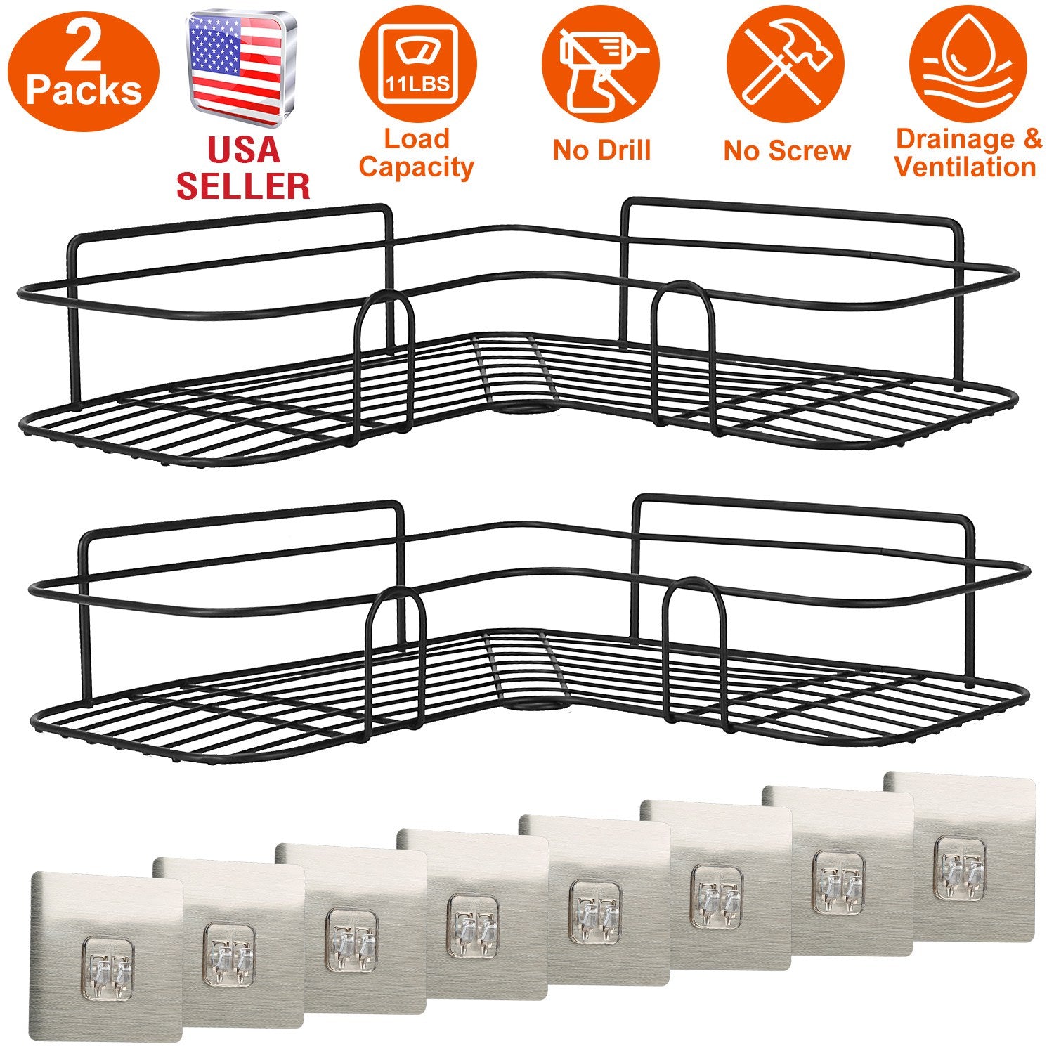 2Pcs Corner Shower Caddy Shelves Wall Mounted Basket Rack Bathroom Shampoo Holder Storage Organizer W/ 8Pcs Adhesive Hooks For Toilet Dorm Kitchen