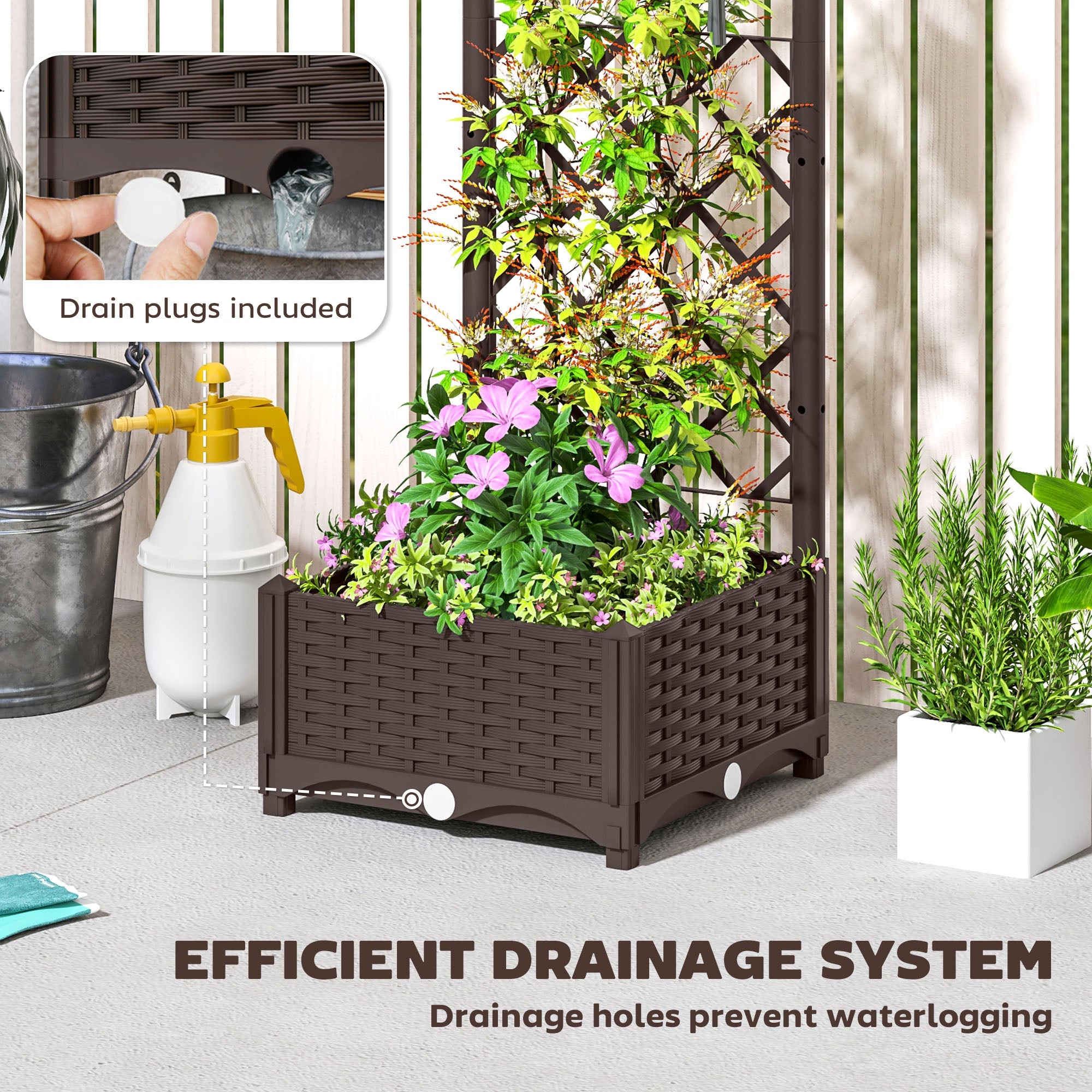 Outsunny Raised Garden Bed with Trellis, Plastic Raised Flower Bed with Drainage Holes and Drain Plugs, 16" x 16" x 48"