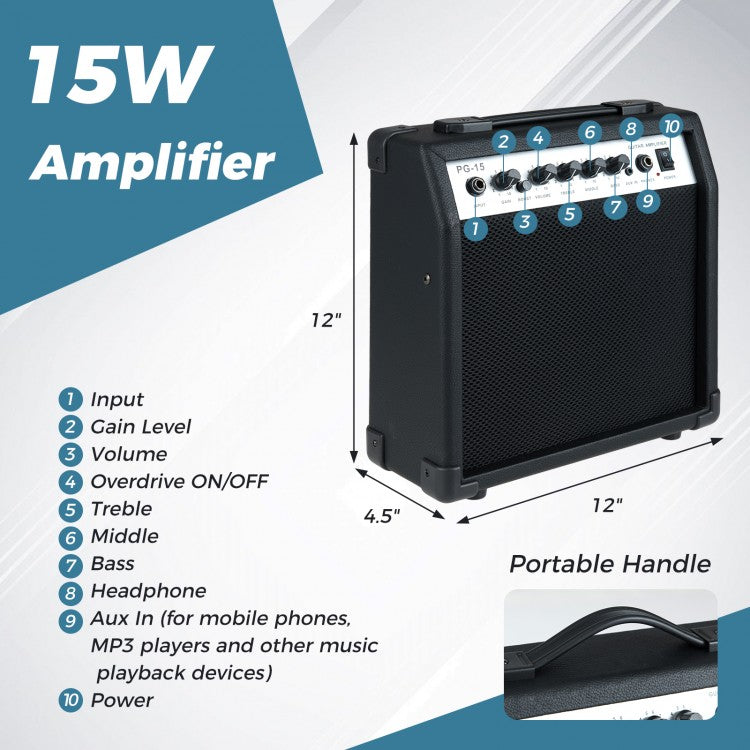 Full-Size Electric Guitar Starter Kit | 6-String Guitar with 15W Amplifier, Gig Bag & Accessories