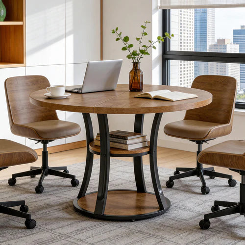 39" Round Conference Table Modern Meeting Room Table with Storage Shelf Metal Base for 2-4 People Industrial Rustic Brown Black