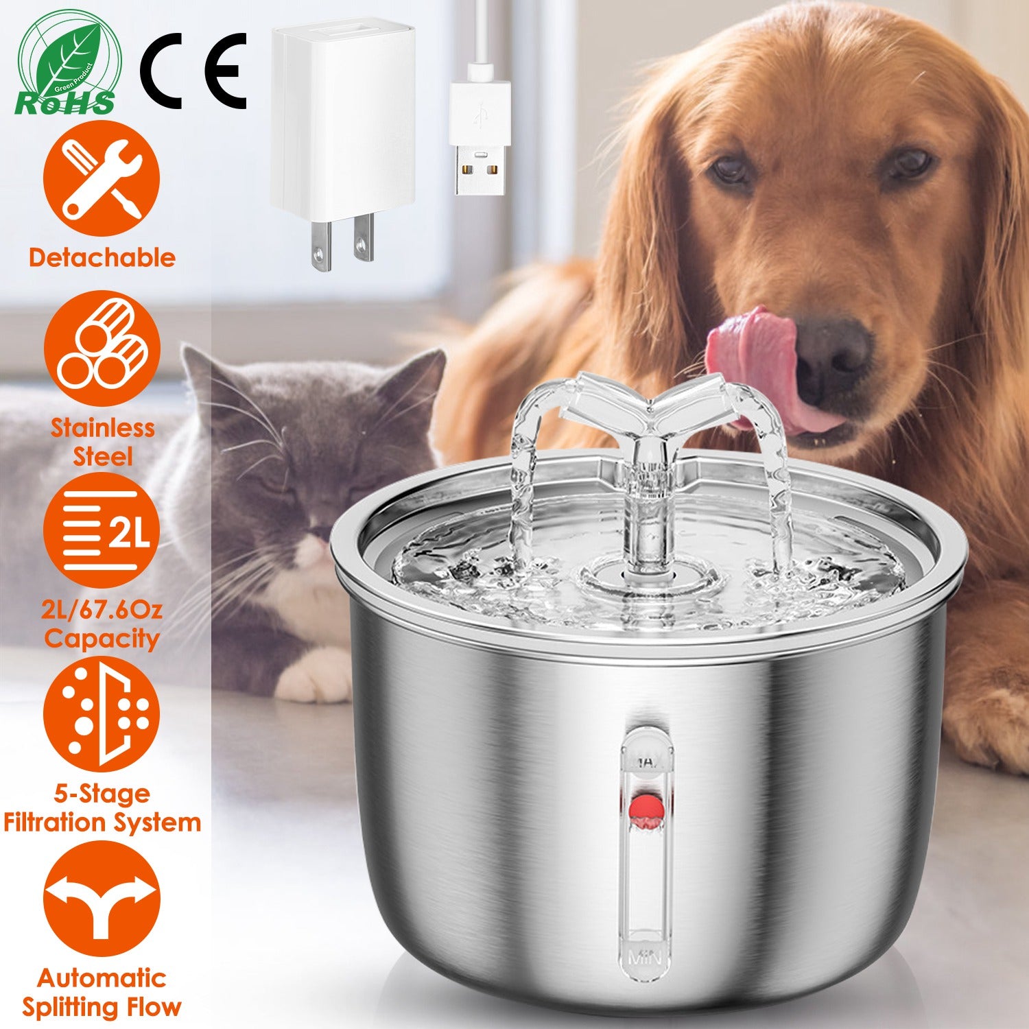 2L/67.6Oz Automatic Electric Pet Water Fountain Stainless Steel Pet Drinking Fountain Cat Dog Water Dispenser with Water Level Ultra-quiet Pump
