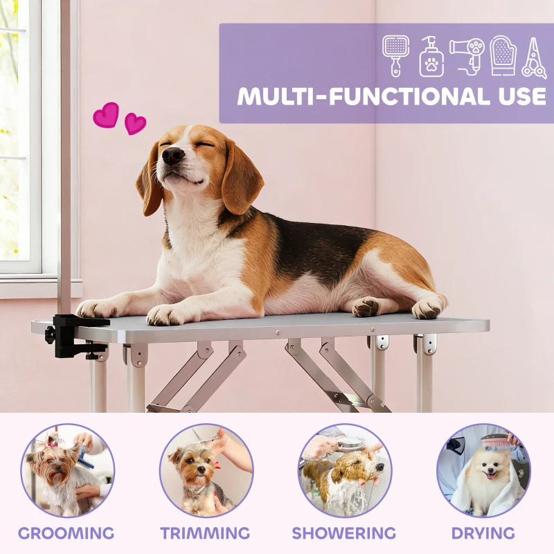 Foldable Pet Grooming Table for Dogs Cats with Adjustable Arm, Non-slip Surface, Grey