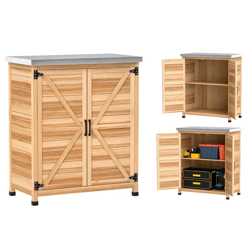 Garden Storage Cabinet, Outdoor Potting Bench Table with Metal Tabletop, Shelf and Double Doors, Natural