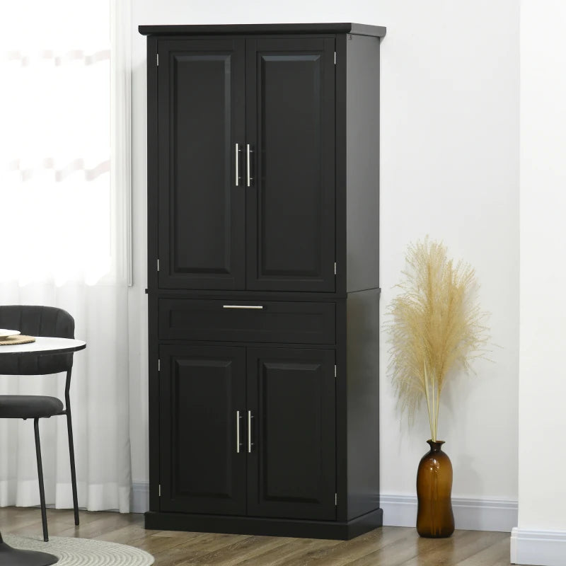 72" Kitchen Pantry Cabinet, Freestanding Storage Cabinet, 4-Door Cabinet with Drawer and Adjustable Shelves, Black