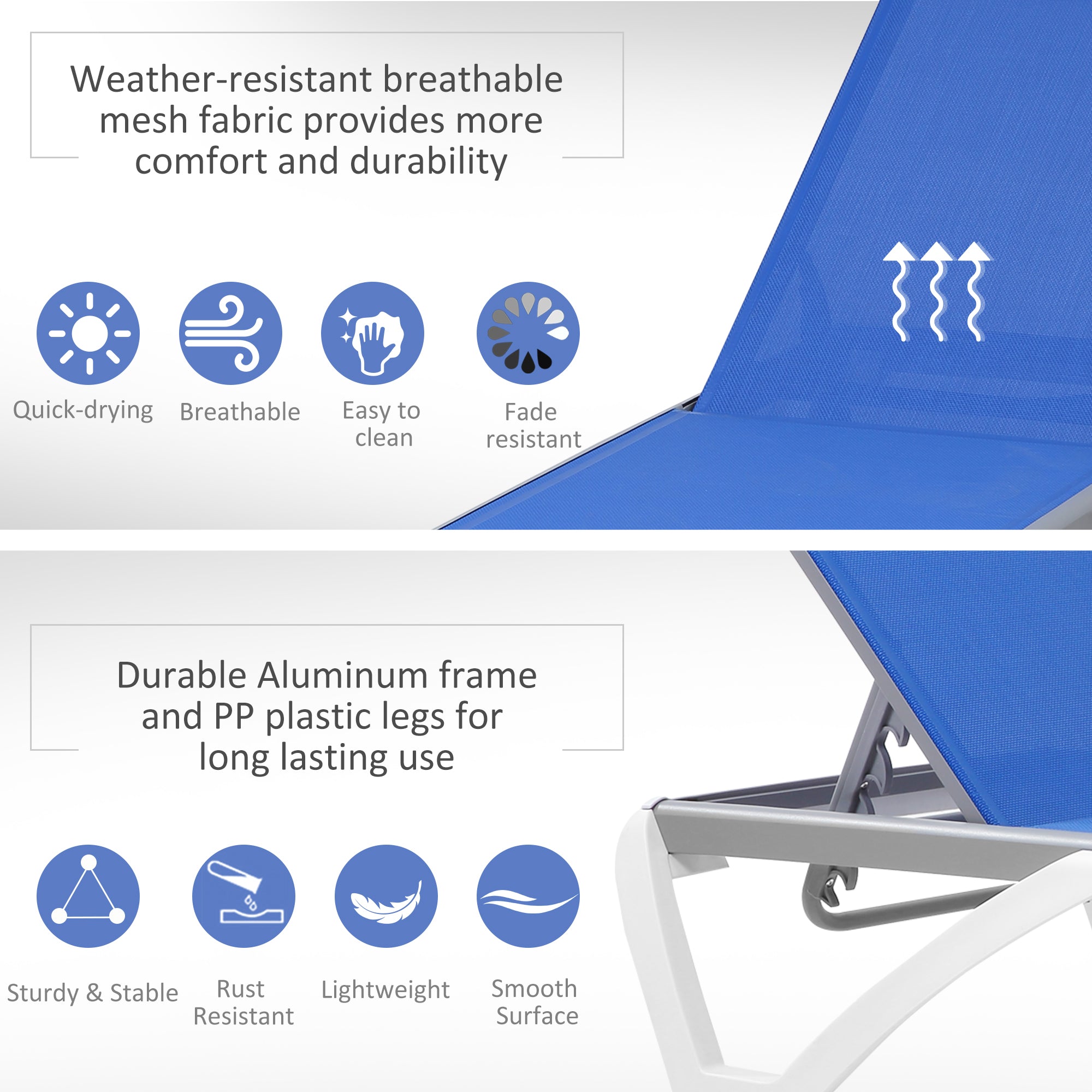 Outsunny Outdoor Chaise Lounge Chair Portable with Adjustable Back Wheels Breathable Mesh Fabric Blue