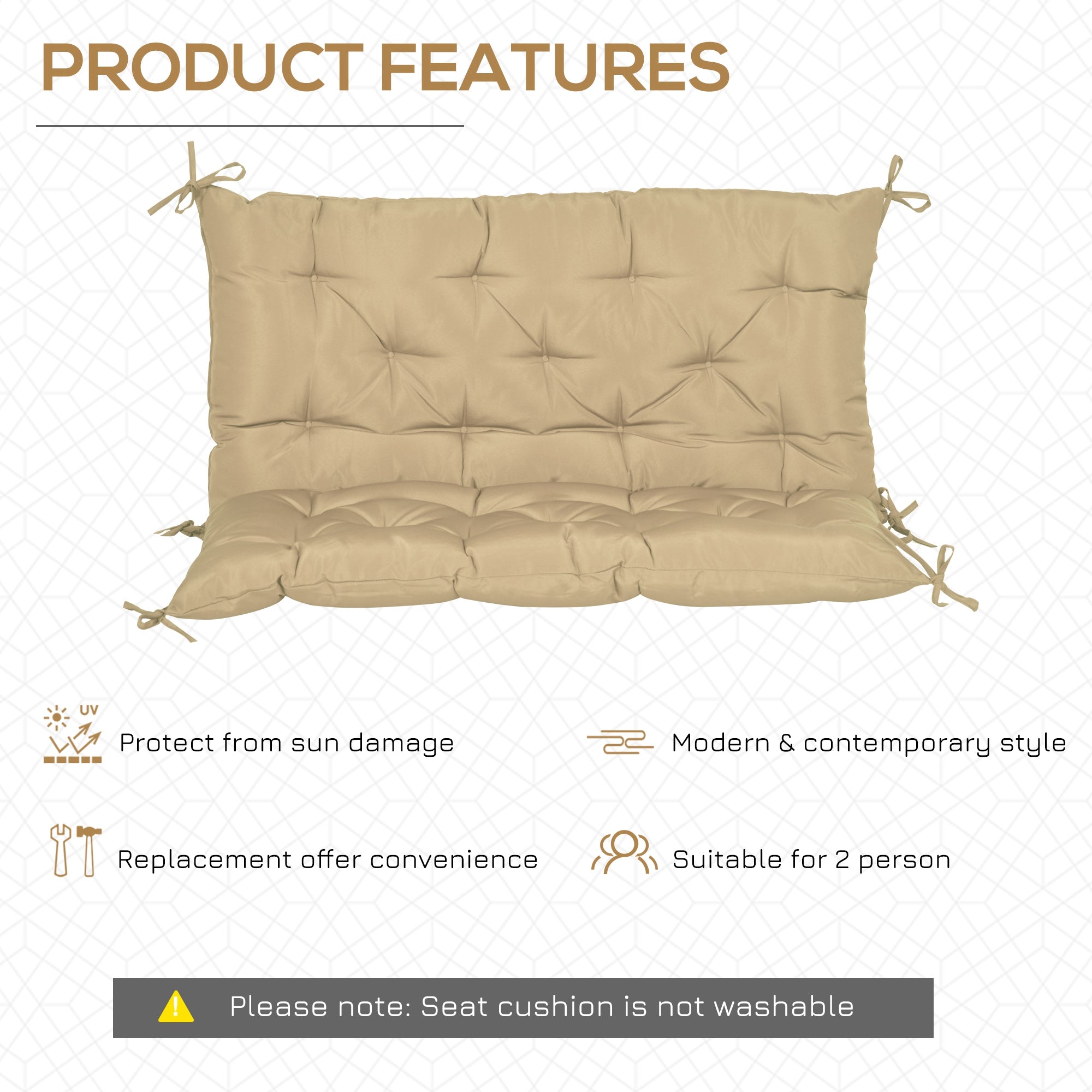 Outsunny 2-Seater Swing Chair Cushion Replacement with Backrest for Garden Bench Indoor Outdoor Use 39.4x38.6 Khaki