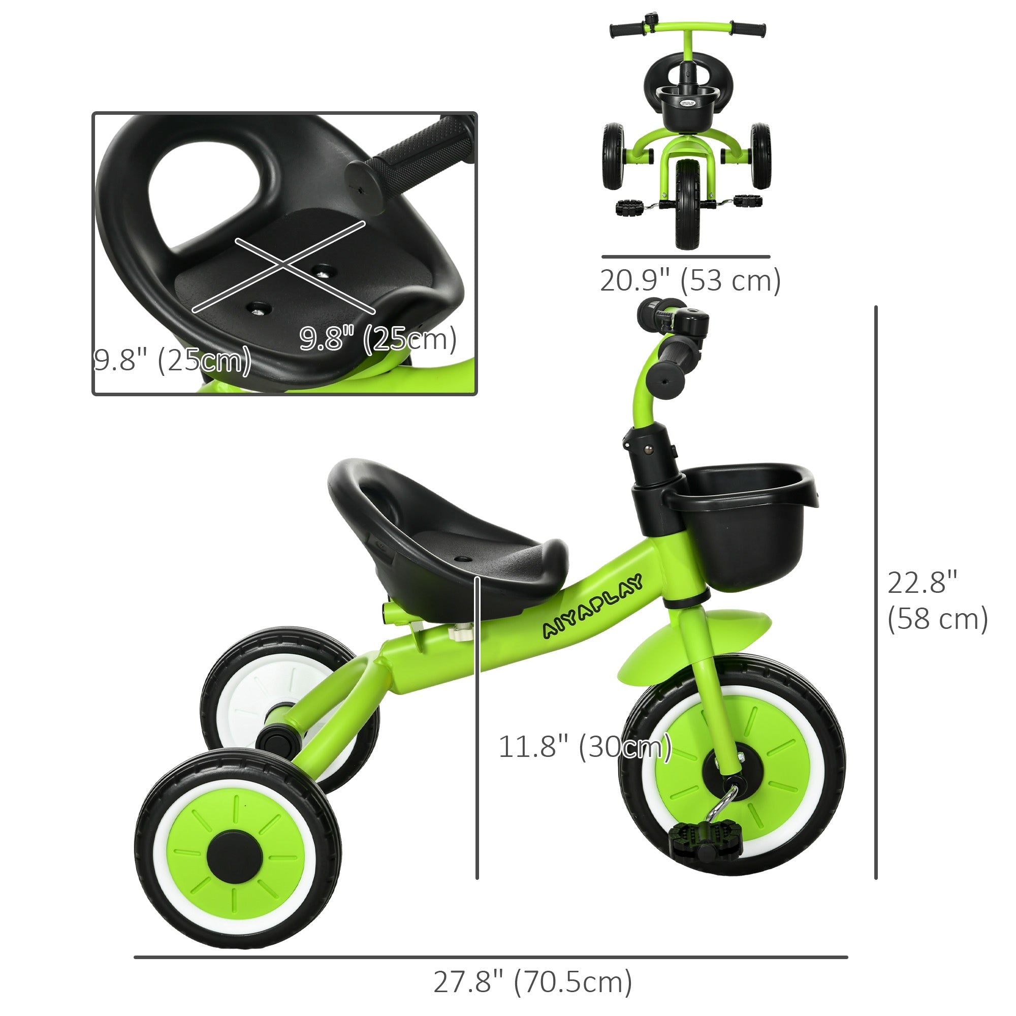 Qaba Kids Tricycle: Adjustable Seat 2-5 Years, Basket, Bell, for Girls/Boys, Green, Toddler Trike