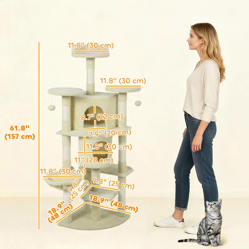 62" Cat Tree with Scratching Post, 2 Condos, Hammock, Perches, Plush, Pompoms, for Indoor Cats, Beige