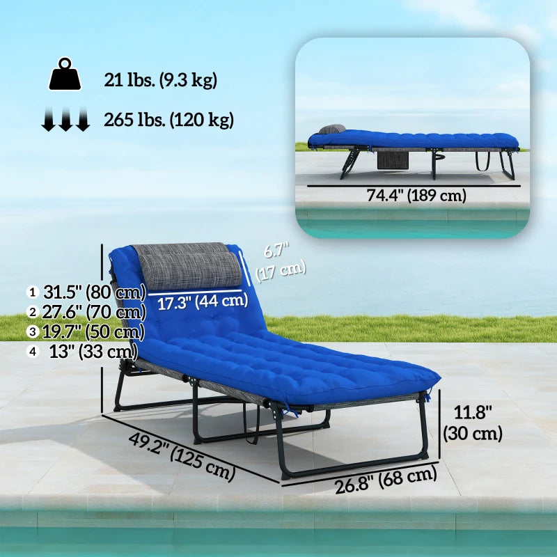 Folding Lounge Chair with 4-level Reclining Back & Cushion, Blue