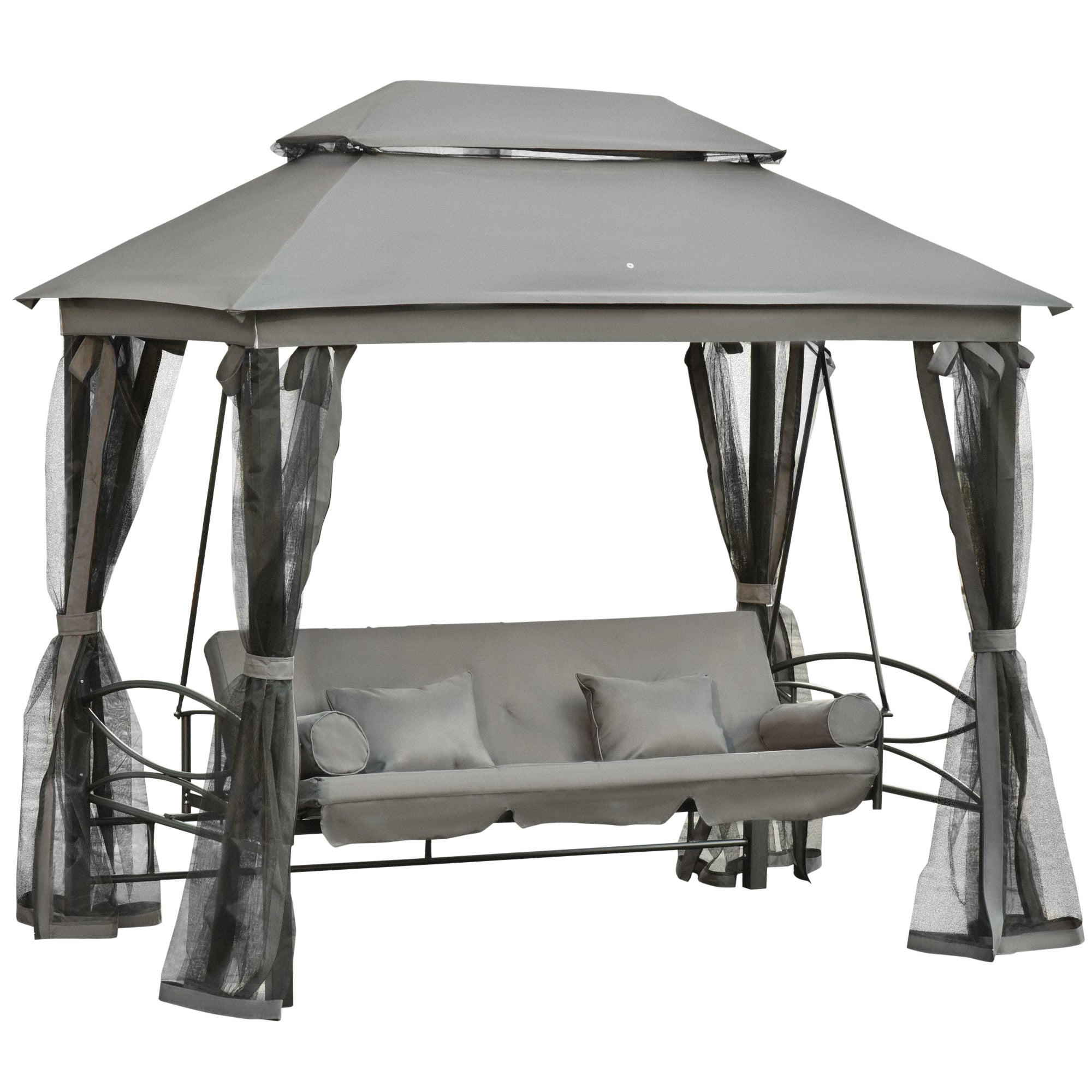 Outsunny 3 Person Outdoor Patio Daybed 3 in 1 Canopy Gazebo Swing Chair Garden Hammock with Mesh Mosquito Net and Sun Shade Grey