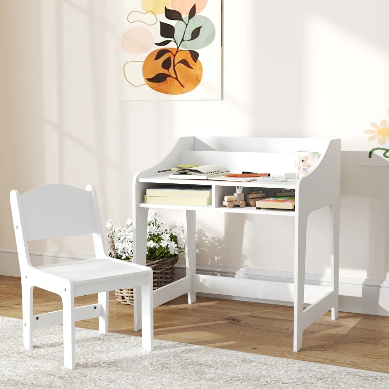 Qaba Kids Desk and Chair Set with Storage, Shelves for Bedroom, 3-8 Years Old, White