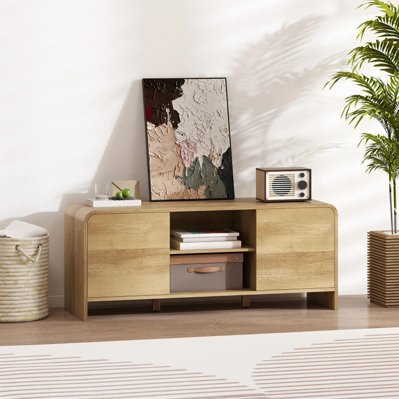 TV Stand for up to 55 Inch TV, Nordic Entertainment Center with 2 Cabinets and 2 Open Shelves for Living Room, Natural Wood