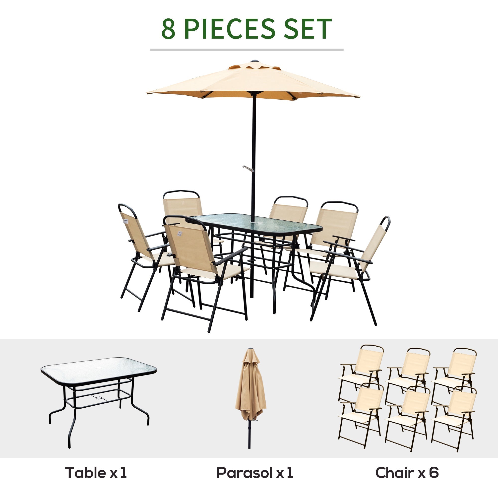 Outsunny 8pc Patio Garden Texteline Dining Set Outdoor Bistro Furniture 6 Folding Chairs with Table and Umbrella Beige