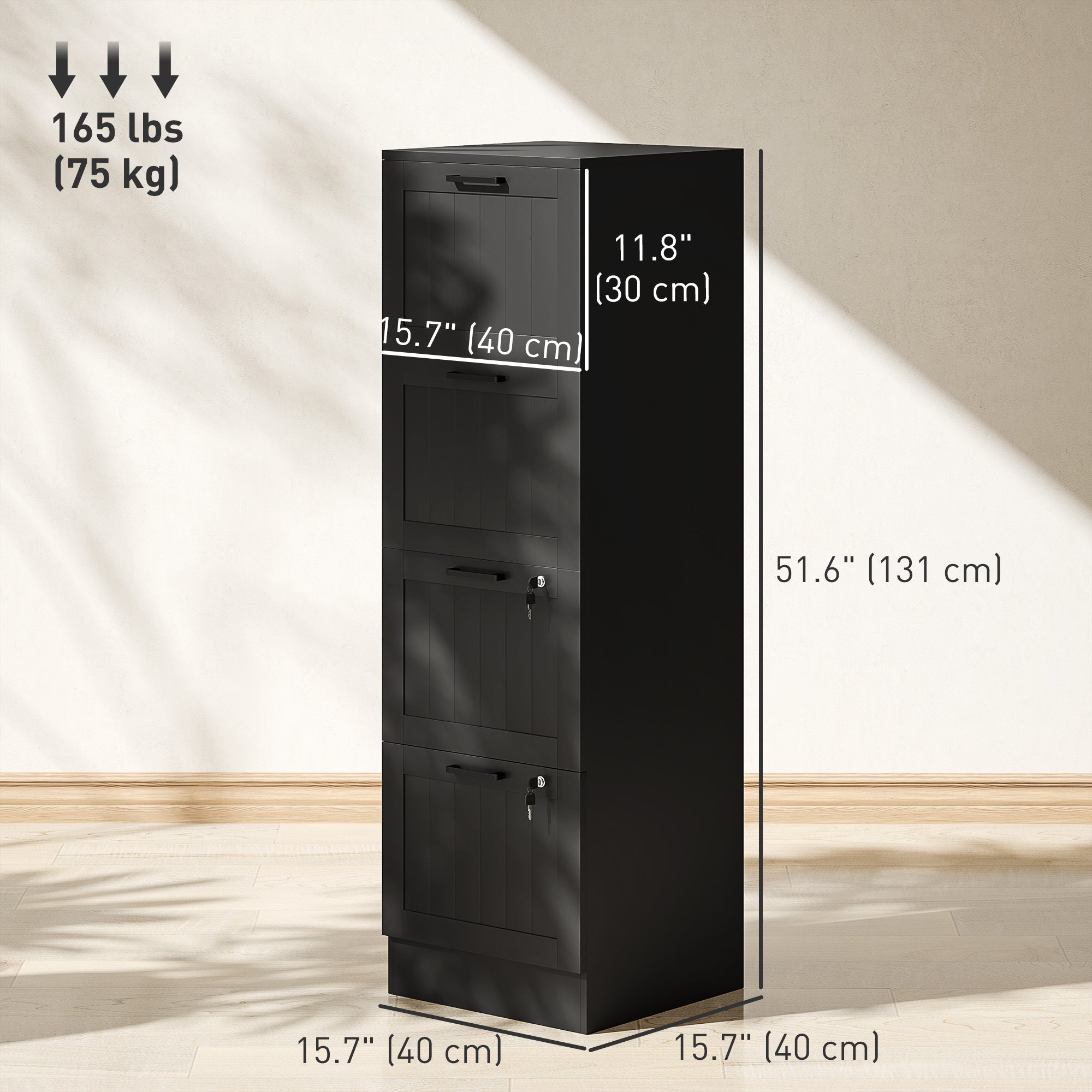 HOMCOM 4 Drawer Filing Cabinet with Lock, Office Storage Cabinet with Adjustable Hanging Bars for A4 Letter Size Files, Black