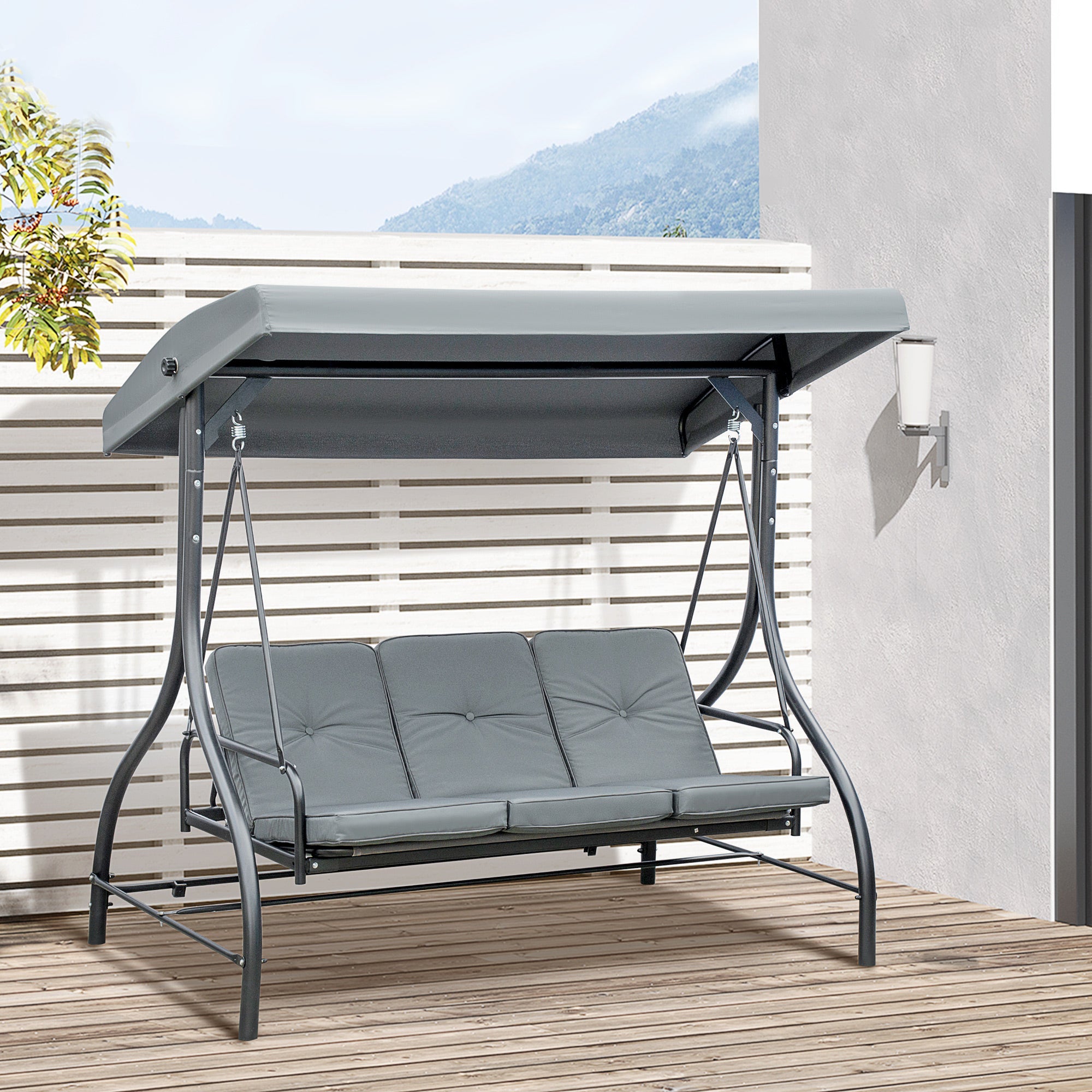 Outsunny Patio Swing Bed Convertible 3 Seater with Adjustable Canopy Cushions Dark Grey
