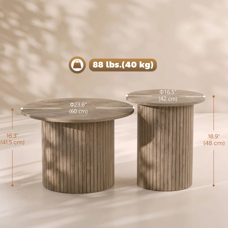 Round Nesting Coffee Table Set of 2 – Fluted Pedestal Tables, Rustic Brown Wood Grain