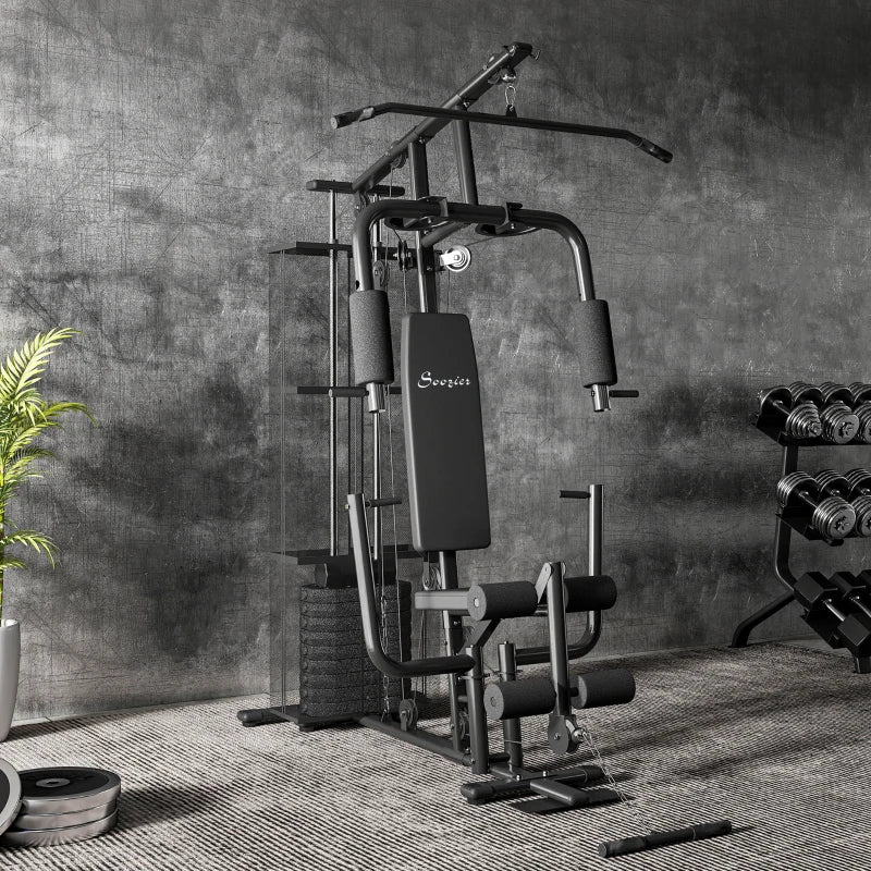 Soozier Home Gym, Multifunction Gym Equipment Workout Station with 100Lbs Weight Stack for Lat Pulldown, Leg Extensions, Preacher Bicep Curls, Triceps Pulldowns, Chest Press, Black