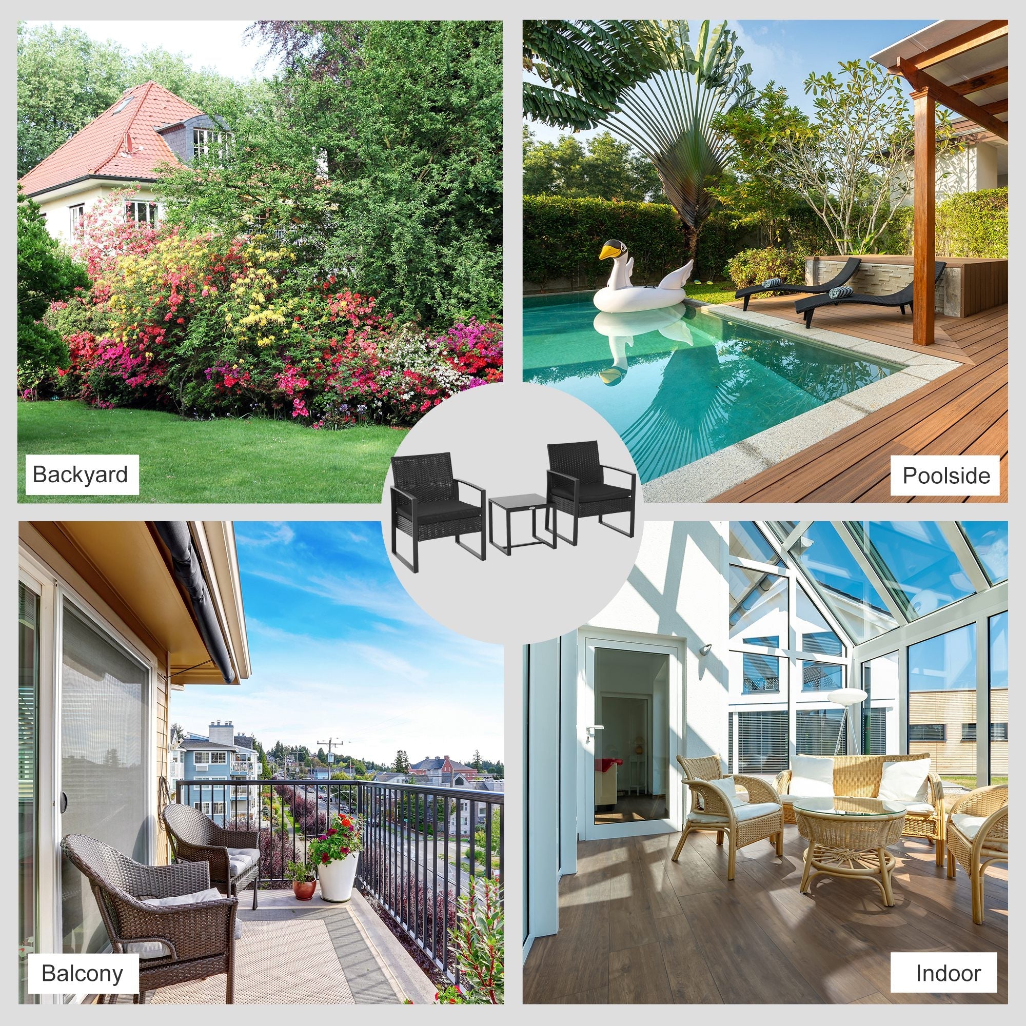 Outsunny 3 Pieces Patio Bistro Set, Outdoor PE Rattan Garden Porch Furniture w/ Cushioned Chairs & Tea Table Patio Furniture, Black