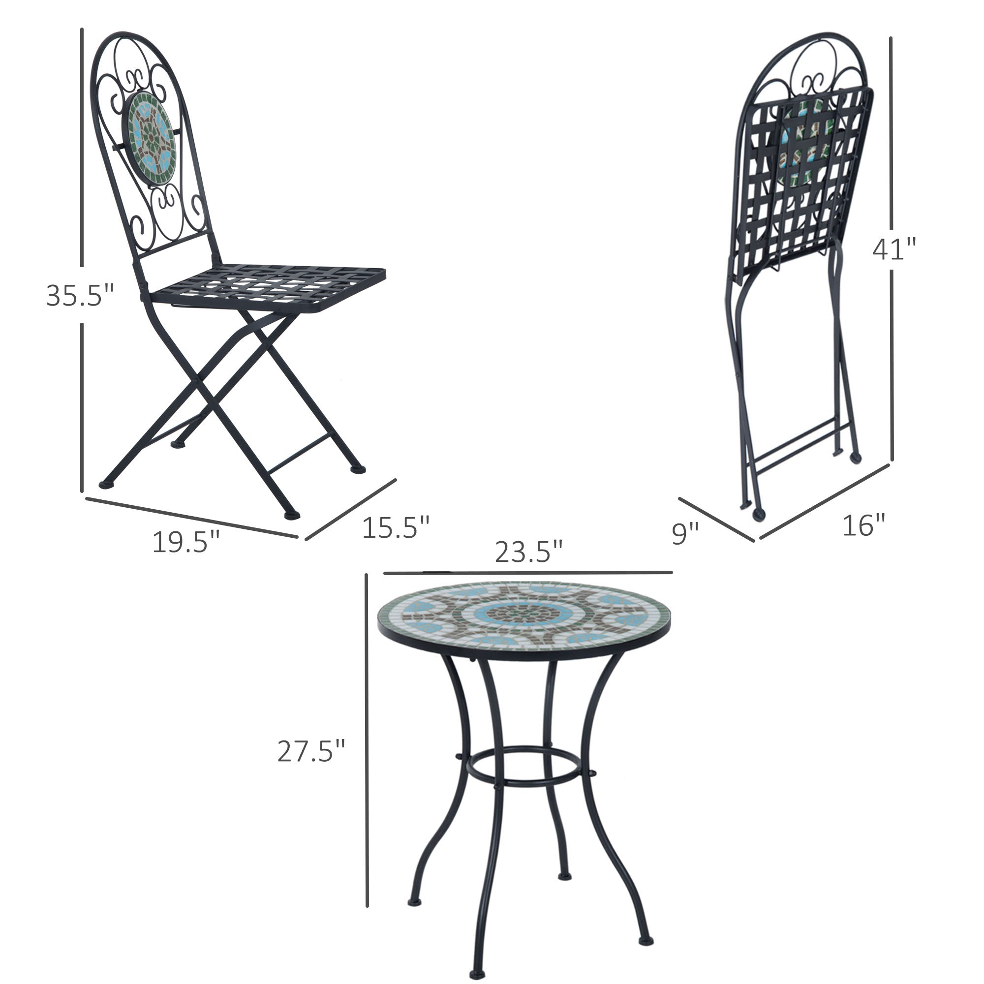 Outsunny 3 Piece Patio Bistro Set with Mosaic Design Outdoor Dining Furniture Set for 2 Folding Chairs Green