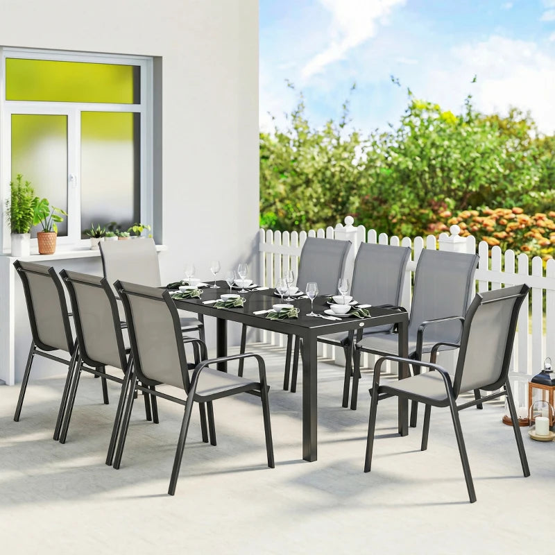 9 Pieces Patio Set with Stackable Chairs, Patio Dining Set with Glass Top for Garden, Patio, Backyard, Light Grey
