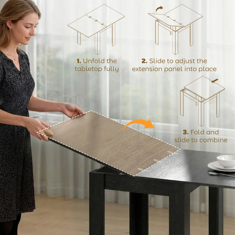 55" Extendable Dining Table for 4-6 Person, Kitchen Table with PU Handle and Felt Pads for Small Spaces, Black