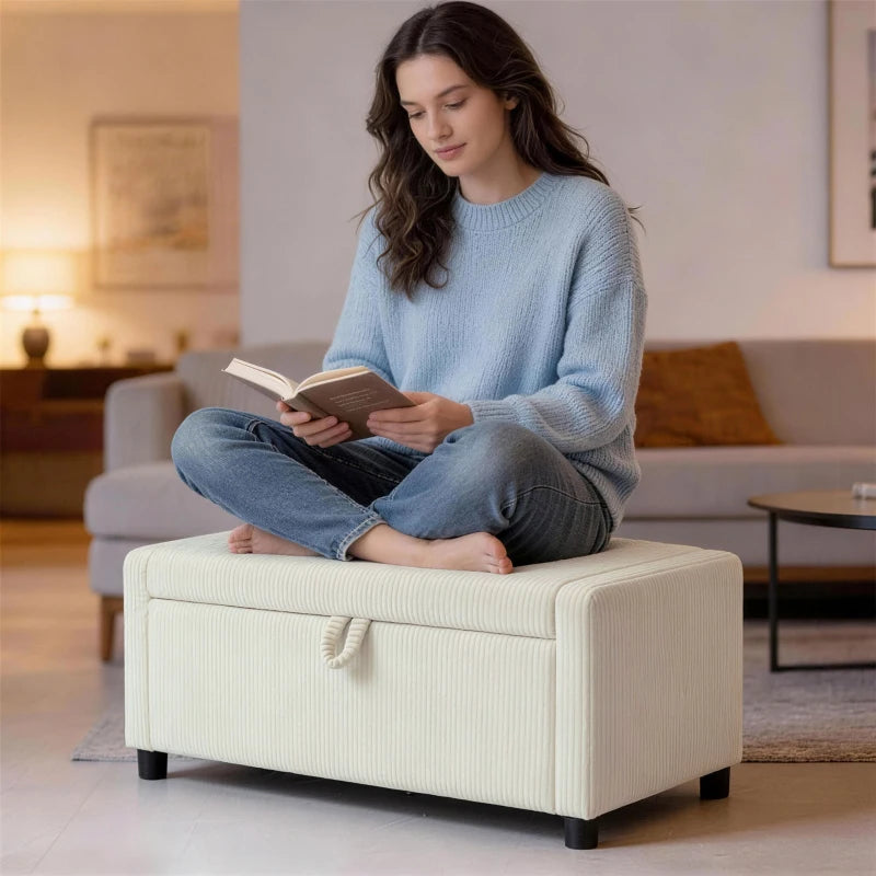 Storage Ottoman, Upholstered Corduroy End of Bed Bench with Thick Padding, Storage Bench for Bedroom, Beige