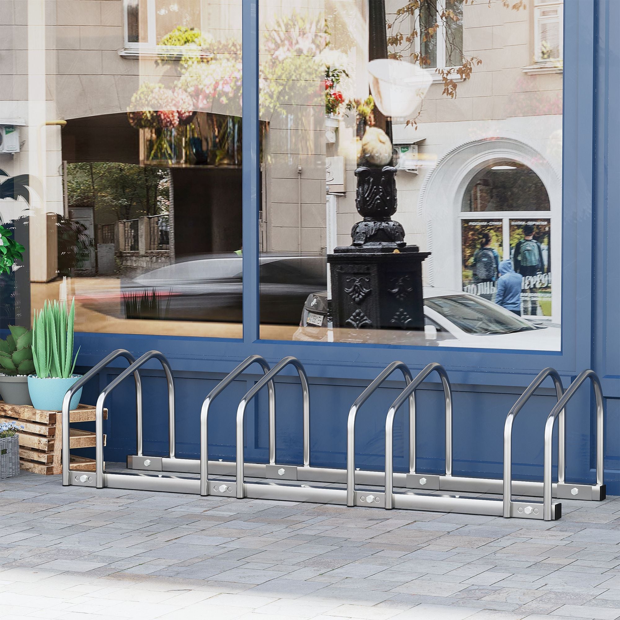 Soozier 4-Bike Bicycle Floor Parking Rack Cycling Storage Stand Garage Organizer for Indoor and Outdoor Use Silver