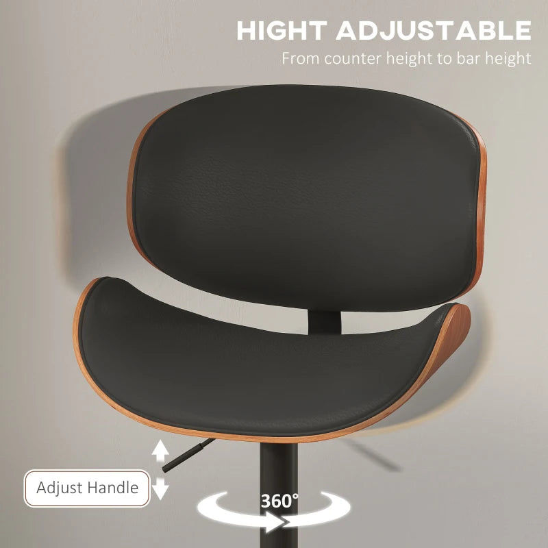 Bar Stools Set of 2, Modern PU Leather Adjustable Swivel Barstools with Curved Back, Footrest and Steel Base, Black