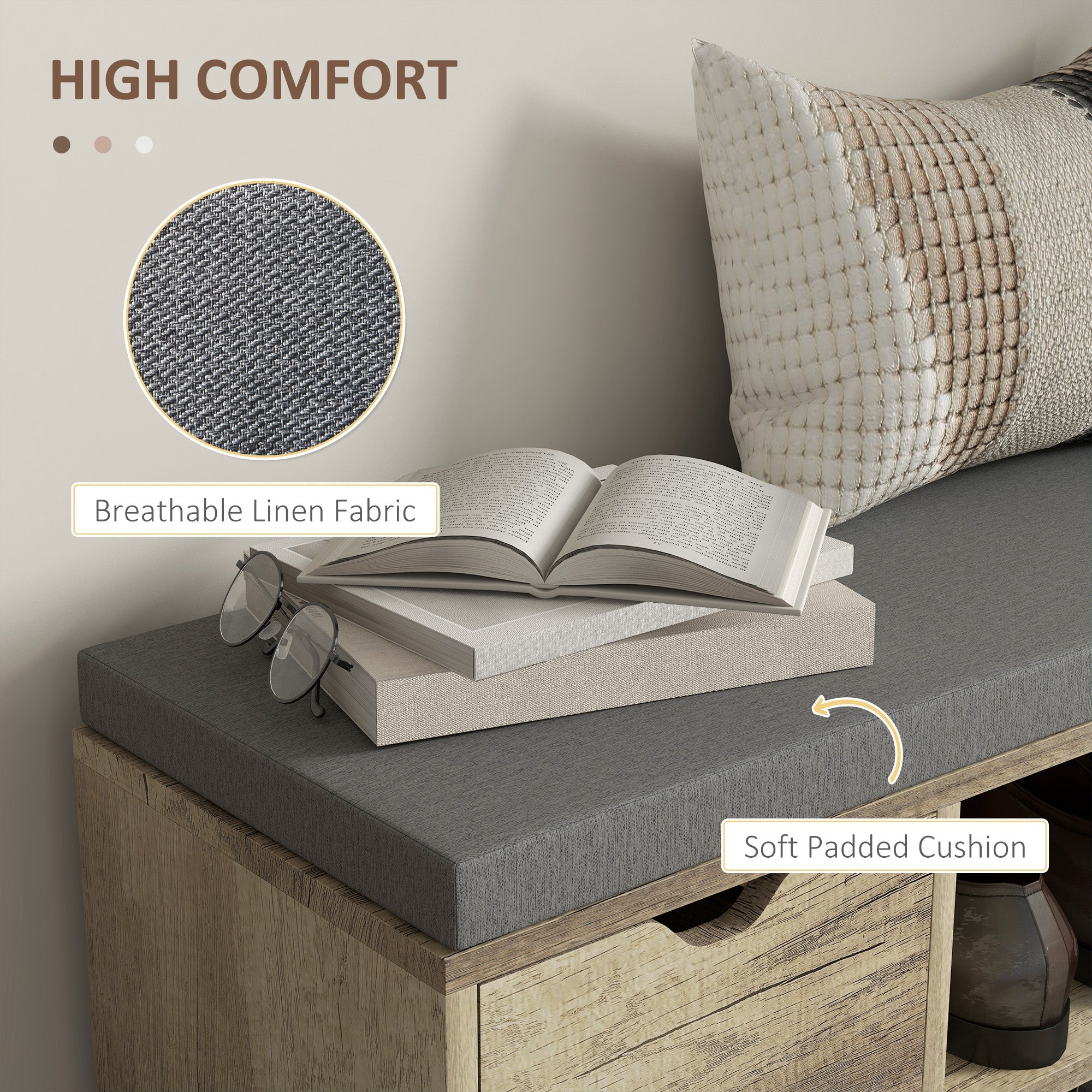 HOMCOM Upholstered Shoe Storage Bench w/ Seat, Entrance Bench w/ Drawer Open Shelves and Pocket for Hallway, Grey